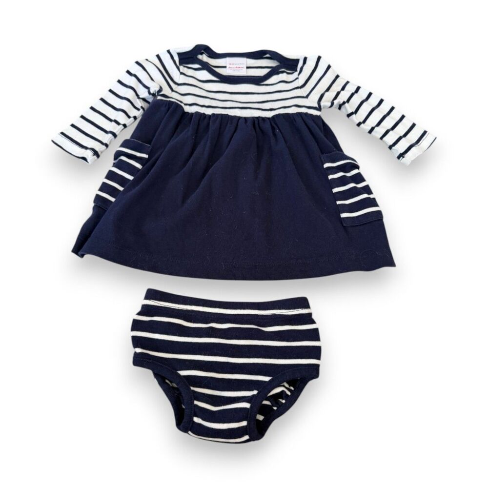 Hanna Andersson Navy White Striped Dress with Ruffle Bloomer Set 12-18 Months